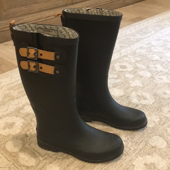 chooka Shoes - Chooka Tall Black wBrown Leather Buckle Rain Boots